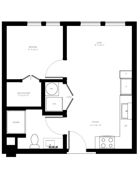 Floor plan for 1 bed, 1 bath, 485 sqft